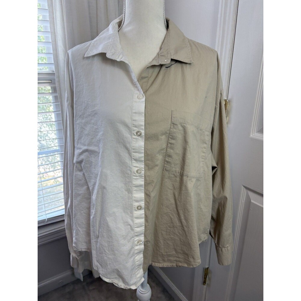 Pistola Color Block Cotton Button Down Top Cropped High Low Large - 330